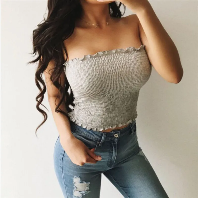 Женская блузка с открытыми плечами эластичная однотонная без бретелек бандо