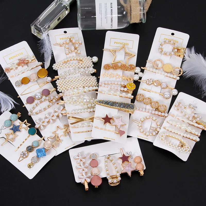 

Hair Accessories For Women Pearl Rhinestone Hairpin Set Bowknot Female Student Bangs Edge Clip 3-5 Pcs/Lot