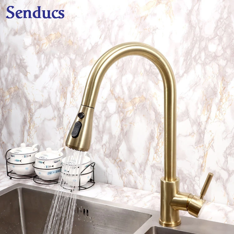 

Pull Down кухонный кран Senducs SUS304 нержавеющая сталь золотой кухонный смеситель кран роскошный латунный выдвижной Золотой кухонный кран для рако...