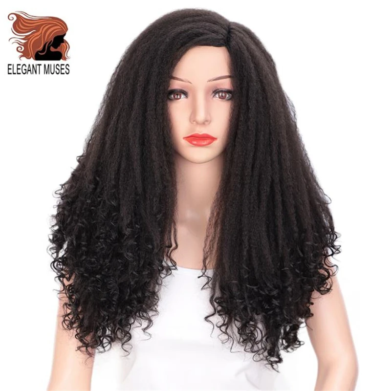 

ELEGANT MUSES Afro Yaki Straight Wig 22 inch Long Black Ombres Brown Synthetic Hair fashion Wigs Puff Yaki Wig for African Women