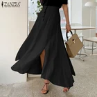 Юбка ZANZEA Женская длинная однотонная, праздничная Повседневная элегантная хлопковая юбка-трапеция в стиле оверсайз с завышенной талией и разрезом, 2021