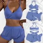 Комплект из 3 предметов, женский купальник, хлопковый однотонный сексуальный микро-бикини с принтом, купальник на бретельках с V-образным вырезом, женский купальник 2021 куб. Н