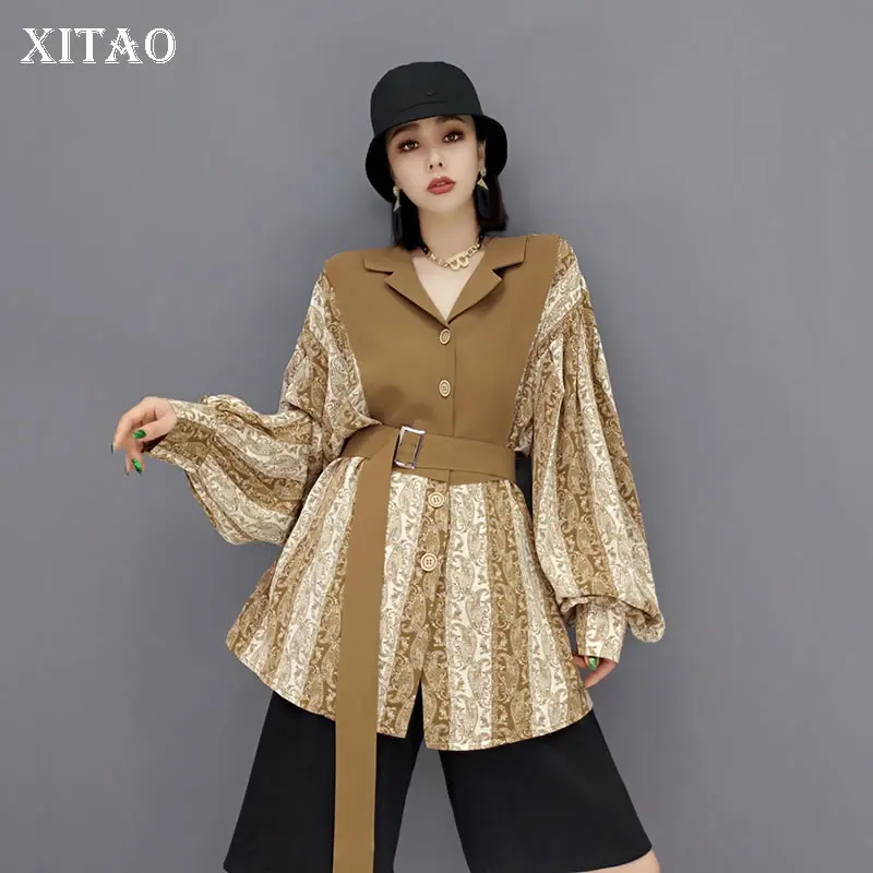 

XITAO, модная шифоновая женская блузка с принтом, бандажная, простая, Лоскутная, отложной воротник, длинный рукав, осень 2021, новинка GWJ0051