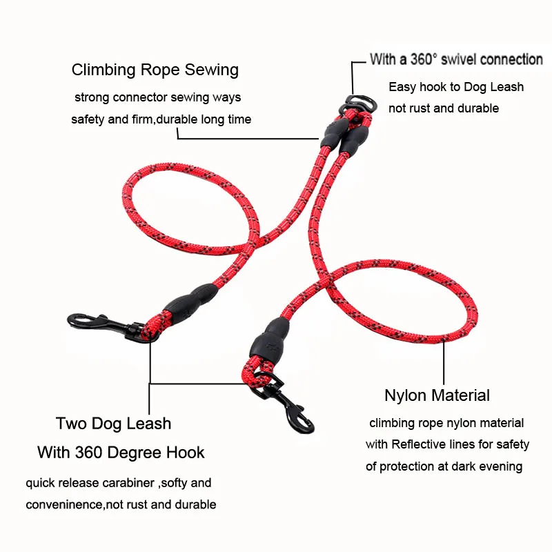 Двойной поводок для собак светоотражающий прочный нейлоновый домашних животных