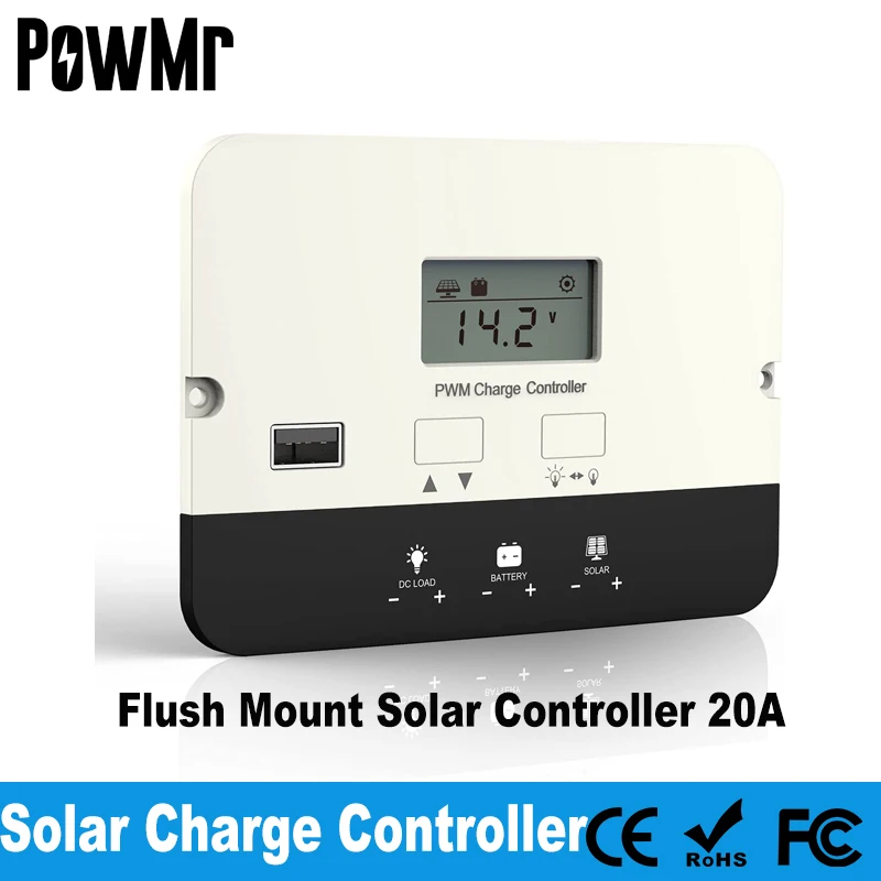 

PowMr Newest 20A Flush Mount Solar Panel Battery Charge Controller 12V 24V Auto Intelligent PWM Solar Regulator RV-2420 With USB