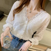 korean hook flower hollowed out lace women blouses long sleeve office lady v neck pullover shirt white bottom top
