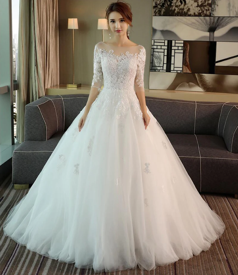 

New Robe De Marie Lace Appliques Floor Length Half Sleeves O Neck Fashion Wedding Dresses For Bride Vestido De Noiva