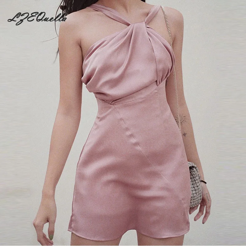 

LZEQuella Summer Pink Slim Strap Solid Mini Dress Women Sexy Sleeveless High Waist Above Knee Club Party Dresses Vestidos