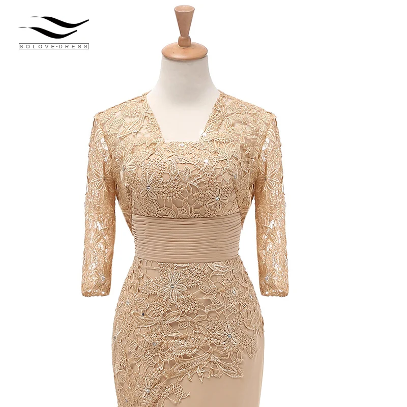 Кружевное вечернее платье с рукавами три четверти цвета шампанского жакетом для
