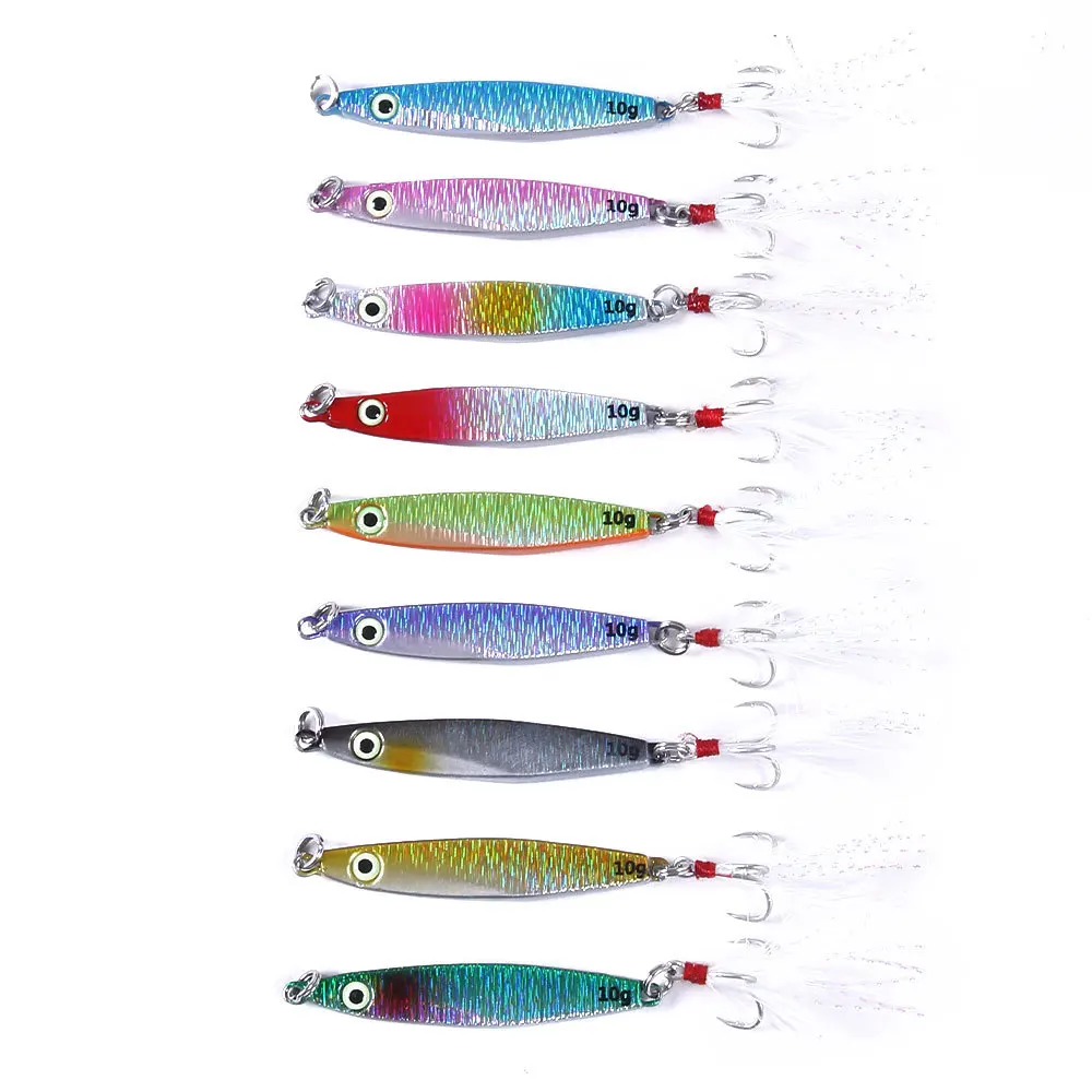 Buy 9Pcs Jigging Lure 7g 10g 17g 21g 30g Spoon Spinnerbait Metal Bait Bass Lures Jig Lead Pesca Feather Hooks on
