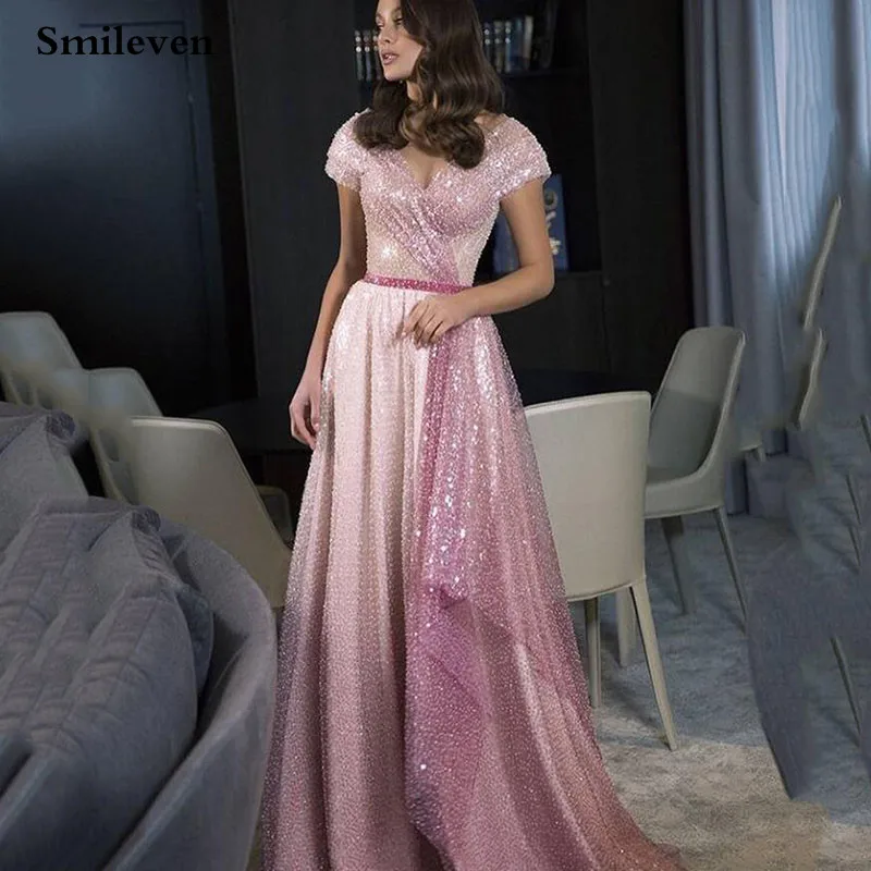 

Smileven New Pink Shiny Sequin Evening Dresses A Line Cap Sleeve Prom Gowns V Neck Party Formal Dress