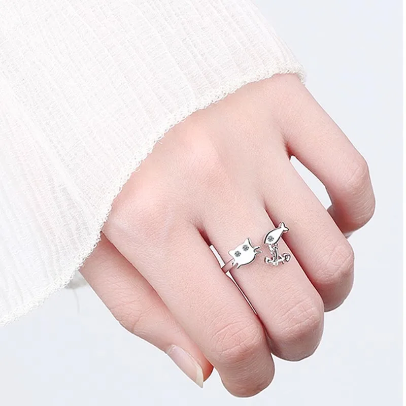 

Женское простое кольцо MEYRROYU, из стерлингового серебра 925 пробы с цирконом в виде кошки, рыбы, подарочное Ювелирное Украшение