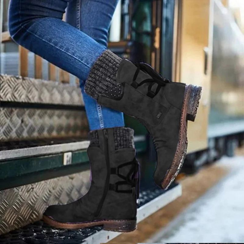 Women Boots Fashion Autumn PU Mid-Calf Boots With Back Lace-up Boots Solid Color Low Heels Shoes Botas Mujer Dropship