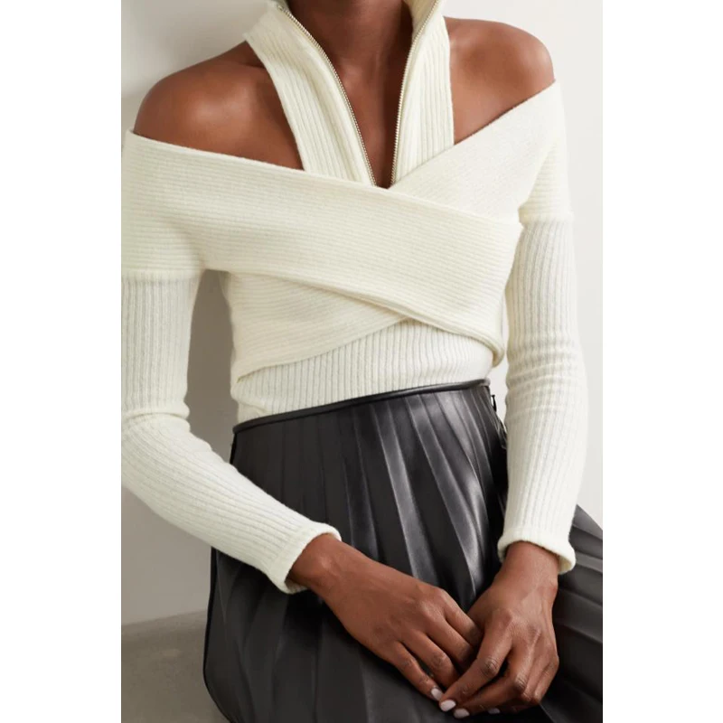 

Sexy Rib Knit 11.27 Hollow Out Off Shoulder Wool Blend Short Sweater Women Criss-Cross Design Temperament Slim Pullover Knitwear