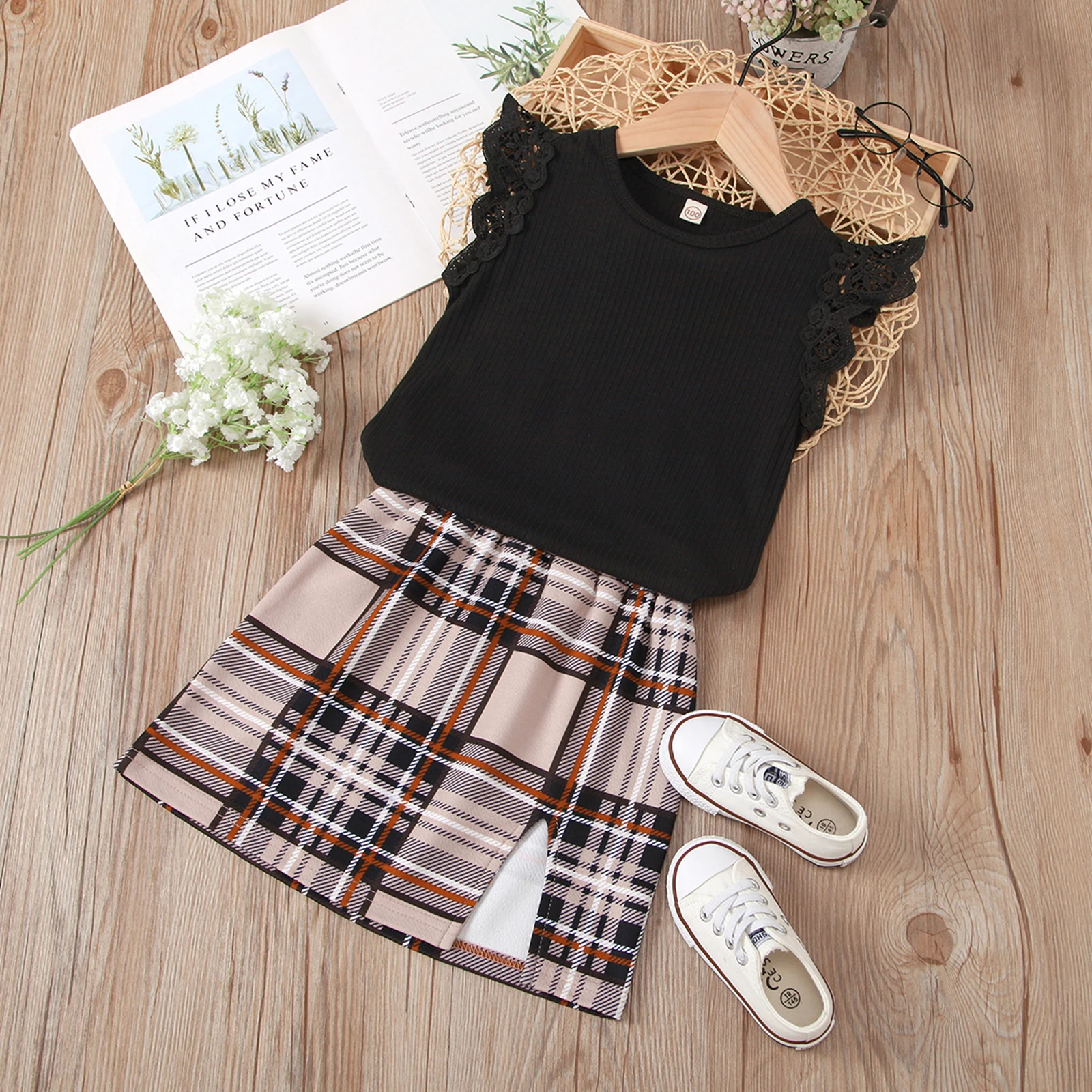 

Girls Skirt Two Pieces Suit Fashion Solid Color Fly Sleeve T-shirt and Plaid Split Short Skirt