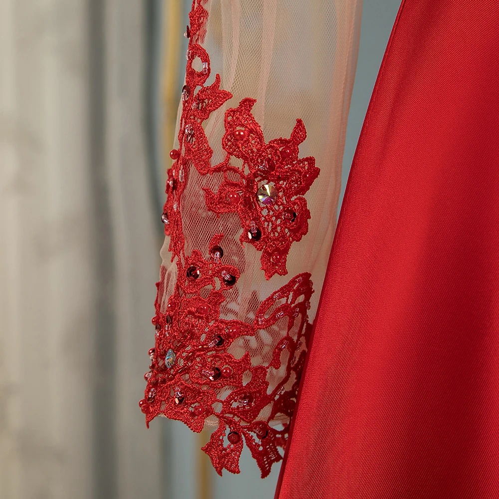 

Red long sleeves A-Line Evening Dresses floor length plus size lace appliqued formal party prom gown