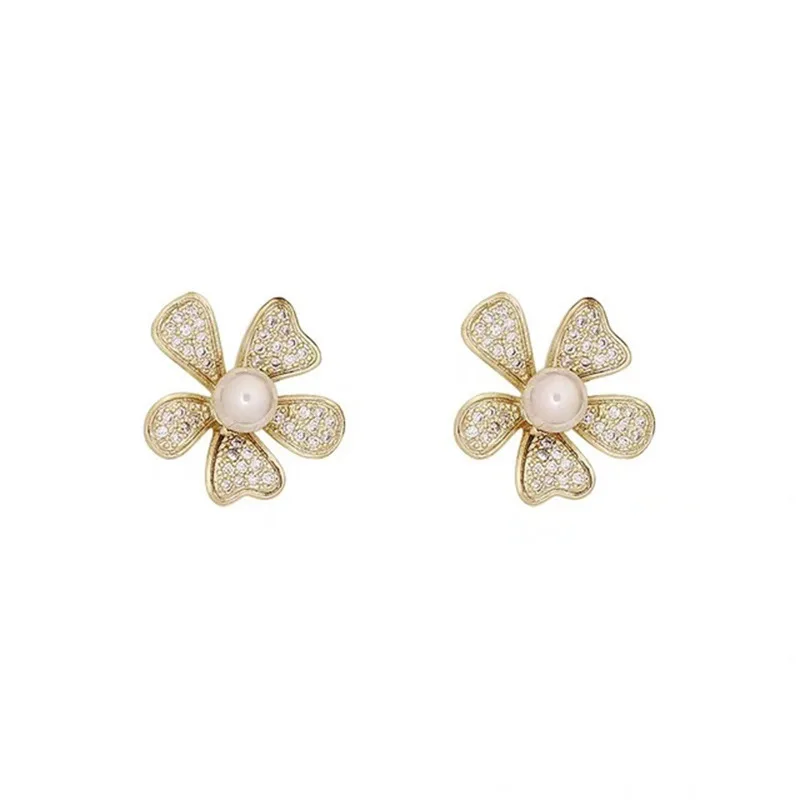 

New Hot Sweet Crystal Holiday Flower Pearl Stud Earrings for Women Fashion Elegant Oorbellen Bijoux Party Jewelry Gifts