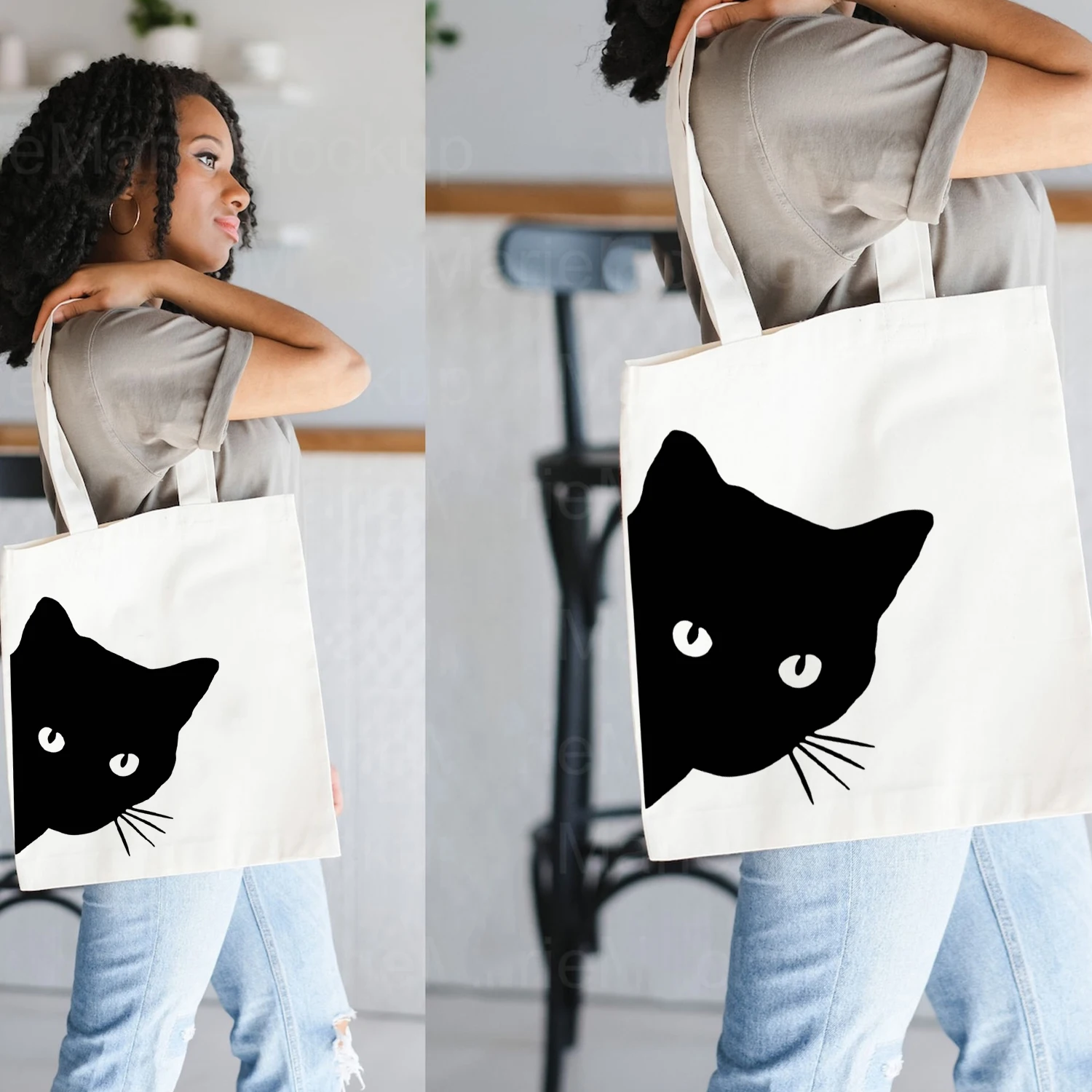 

BLINGPAW Canvas Tote Bag Peeking Cat Print Funny 100% Cotton Pet Lovers Reusable Shopping Bag Eco