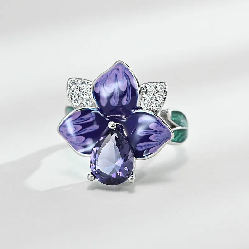 

Fashion Shiny Big Purple Flower Enamel Wedding Rings for Women Brilliant Crystal Zircon Rings Unique Bridal Party Jewelry