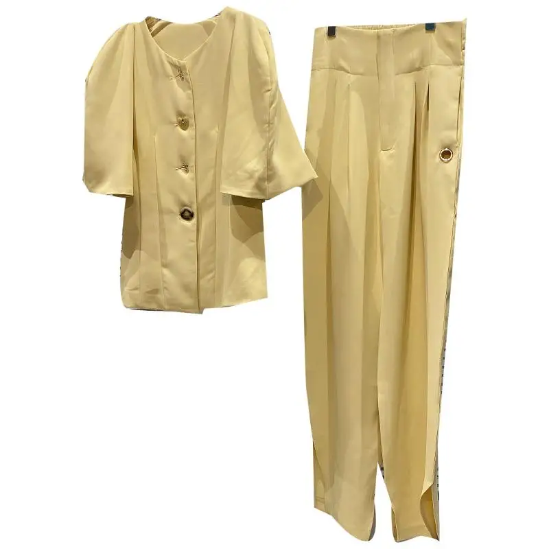 

2021 Summer Puff Sleeve Round Neck Casual Suit Jacket Women Split High Waisted Wide Leg Trouser Lady Two Pieces Pants Set