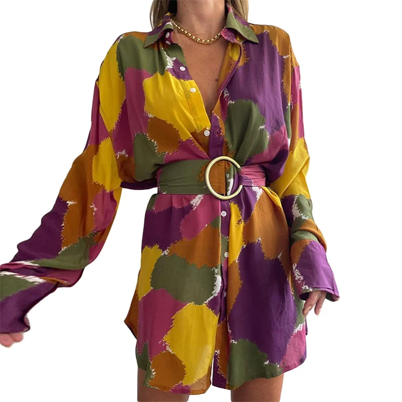 

Female Close Fitting Shirt Dress Summer Turn-Down Collar Long Sleeve Hight Waist With Belt Long Dress For Shopping Dating