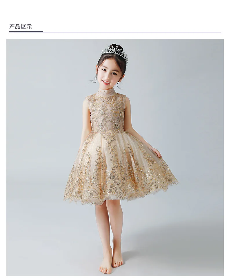 Королевское Цветочное платье для маленьких девочек на свадьбу Золотое кружевное