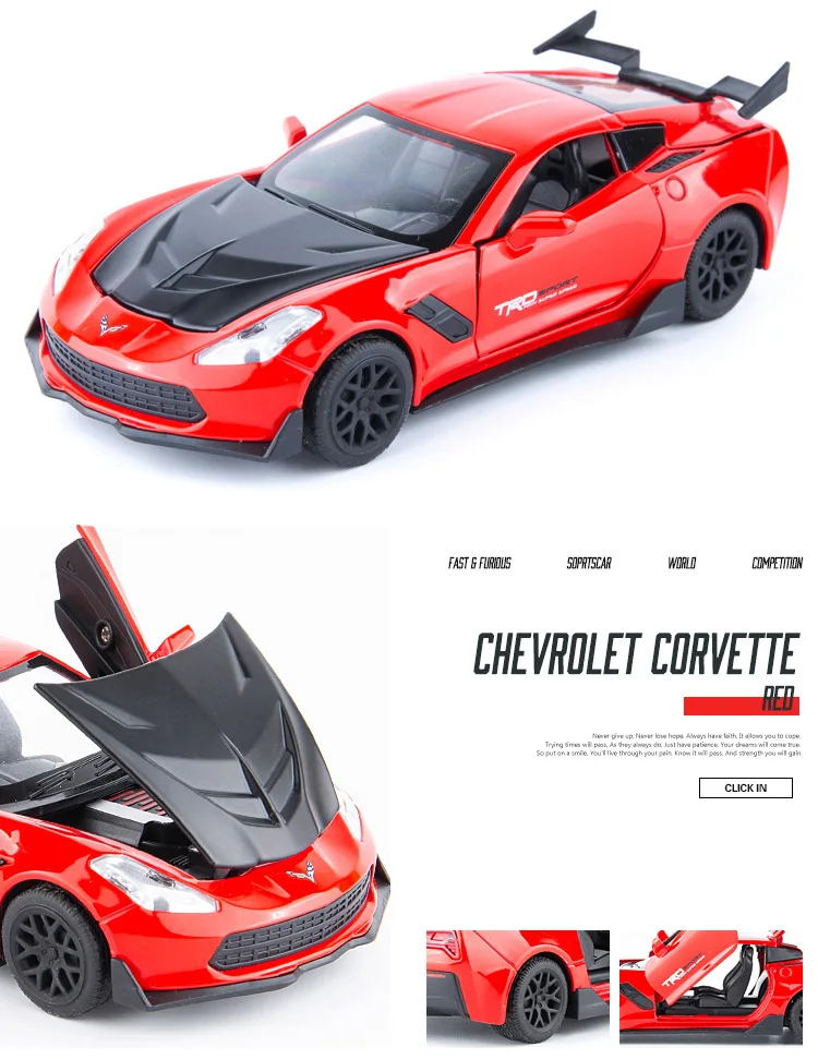 1:32 high simulation Corvette alloy pull back car model children's sound and light toy car ornaments for children gifts