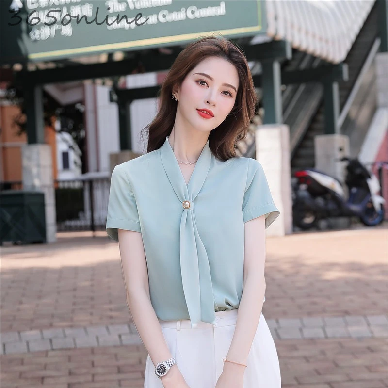 Блузка женская летняя с коротким рукавом Элегантная модная офисная одежда для