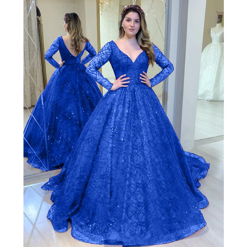 

Plus Size Dress for Wedding Blue Shinny Lady V Neck Long Sleeve Gown Cocktail Suitable for Evening Partie Engagement Vestidos