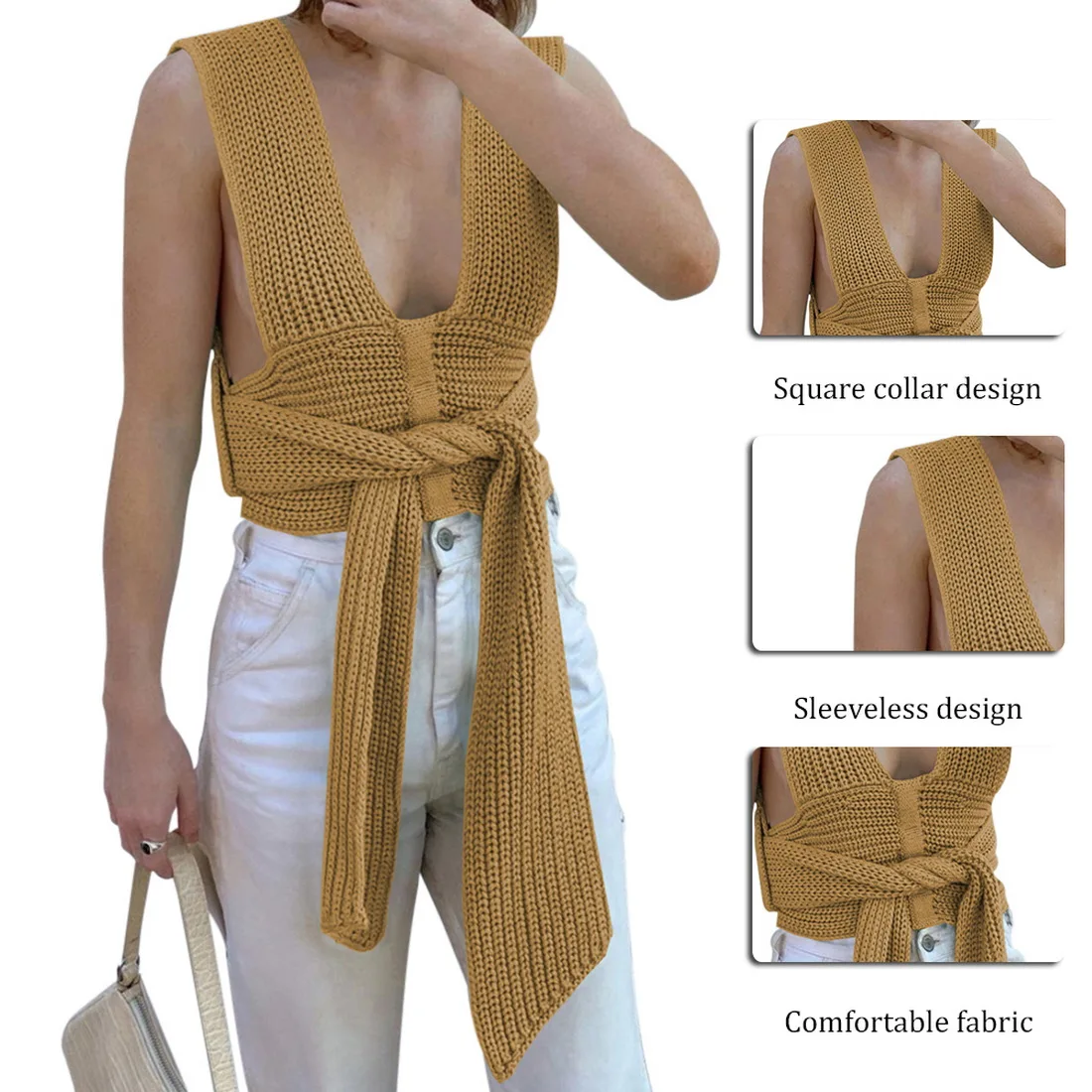 

2021 Sleeveless Knitted Crop Sweater Sexy Autumn Summer Fashion Hollow Vest Black Casual White Jumper Top Female Pullover