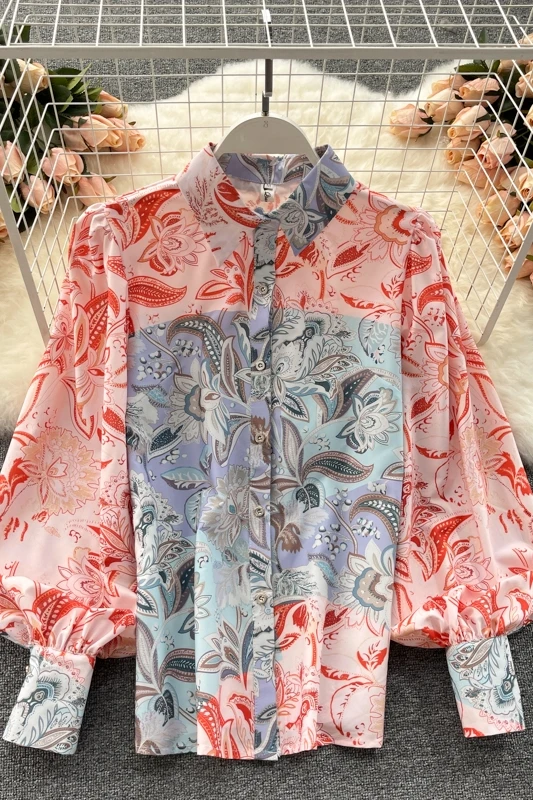 

Court Style Top Women's Design Printed Lantern Sleeve Color Contrast Patchwork Temperament Polo Collar Women's Shirt Fashion