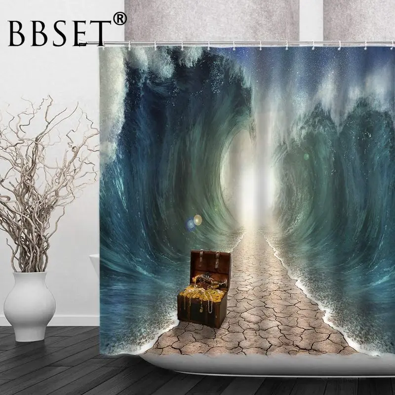 

Морская волнистая занавеска для душа, сундук с сокровищами под морем, водостойкая многоразмерная занавеска для ванной комнаты, декор с 12 кр...