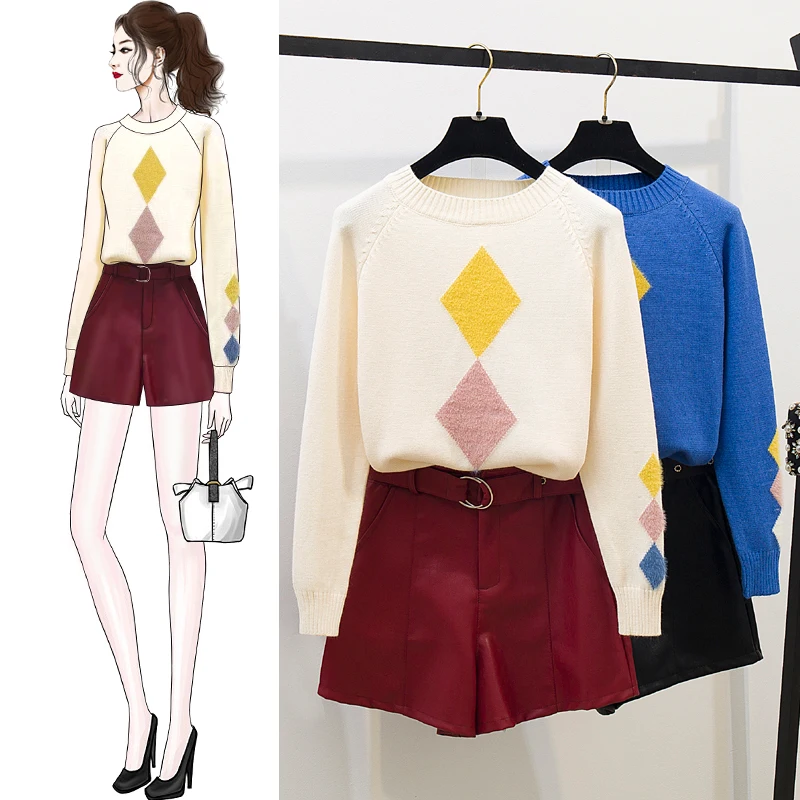 Women Design Jacquard Sweater Institute Style New Autumn Winter Korean Fashion Joker Loose Knitted Top PU Leather Shorts Sweet |