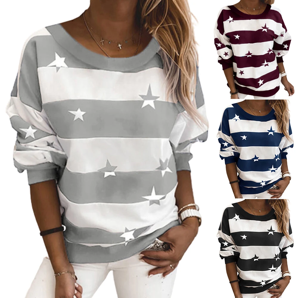 

VICABO Autumn Stars Print Women Pullovers Casual Long Sleeve Round Neck Loose Top Clothes Striped Soft Comfortable Sweatshirts
