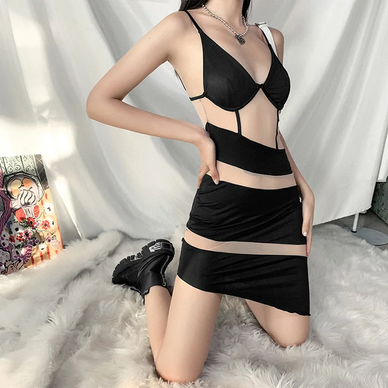 

2021 Spaghetti Strap Dress Women Transparent Mesh Patchwork Mesh Dress Ladies Summer Sexy Club Dresses Vestidos