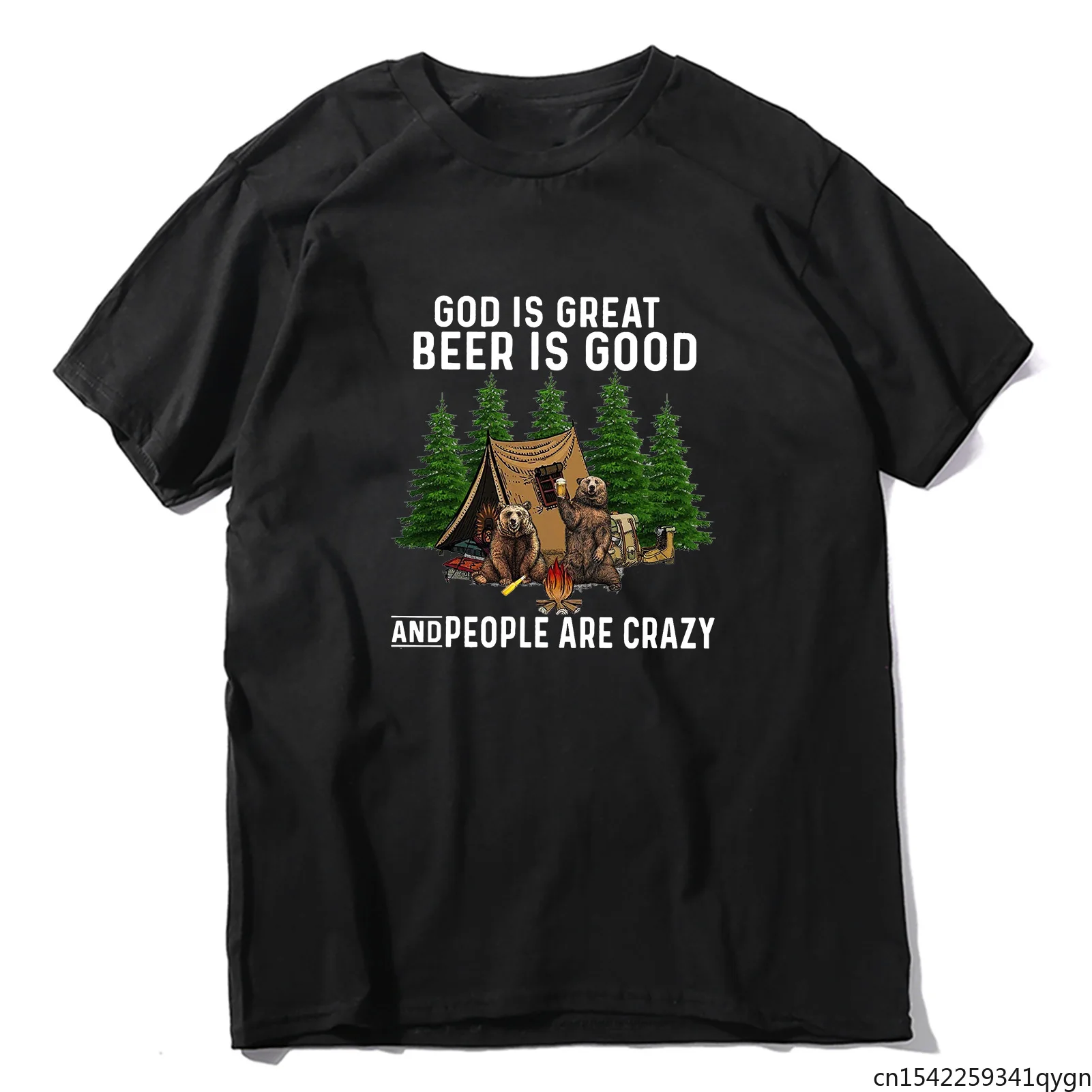 

Bear Camping God Is Great Beer Is Good People Are Crazy Funny Camping Lovers Men's T-shirt Casual Tops Tee Oversize