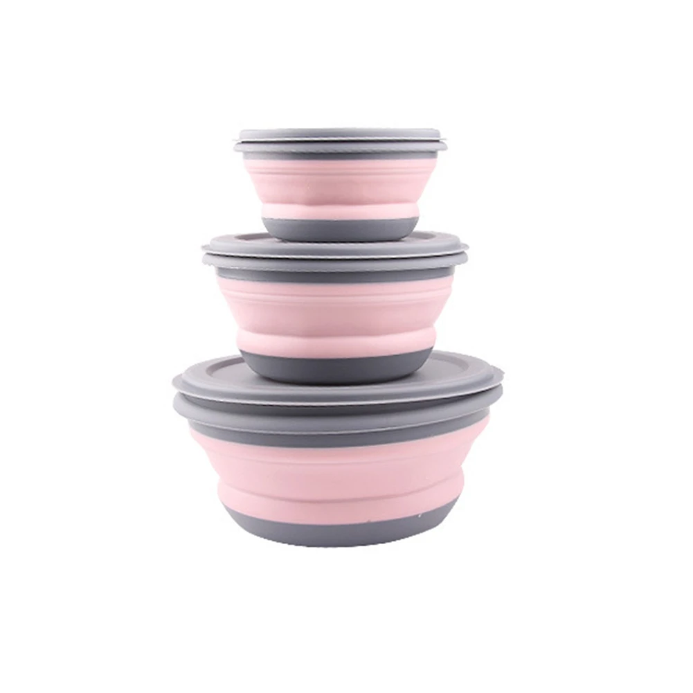 1 set pink 3 шт./набор силиконовые складные миски, детская Салатница, складной портативный контейнер для ланча, коробка для еды, столовая посуда, Bento для взрослых - Цвет: 1 set pink