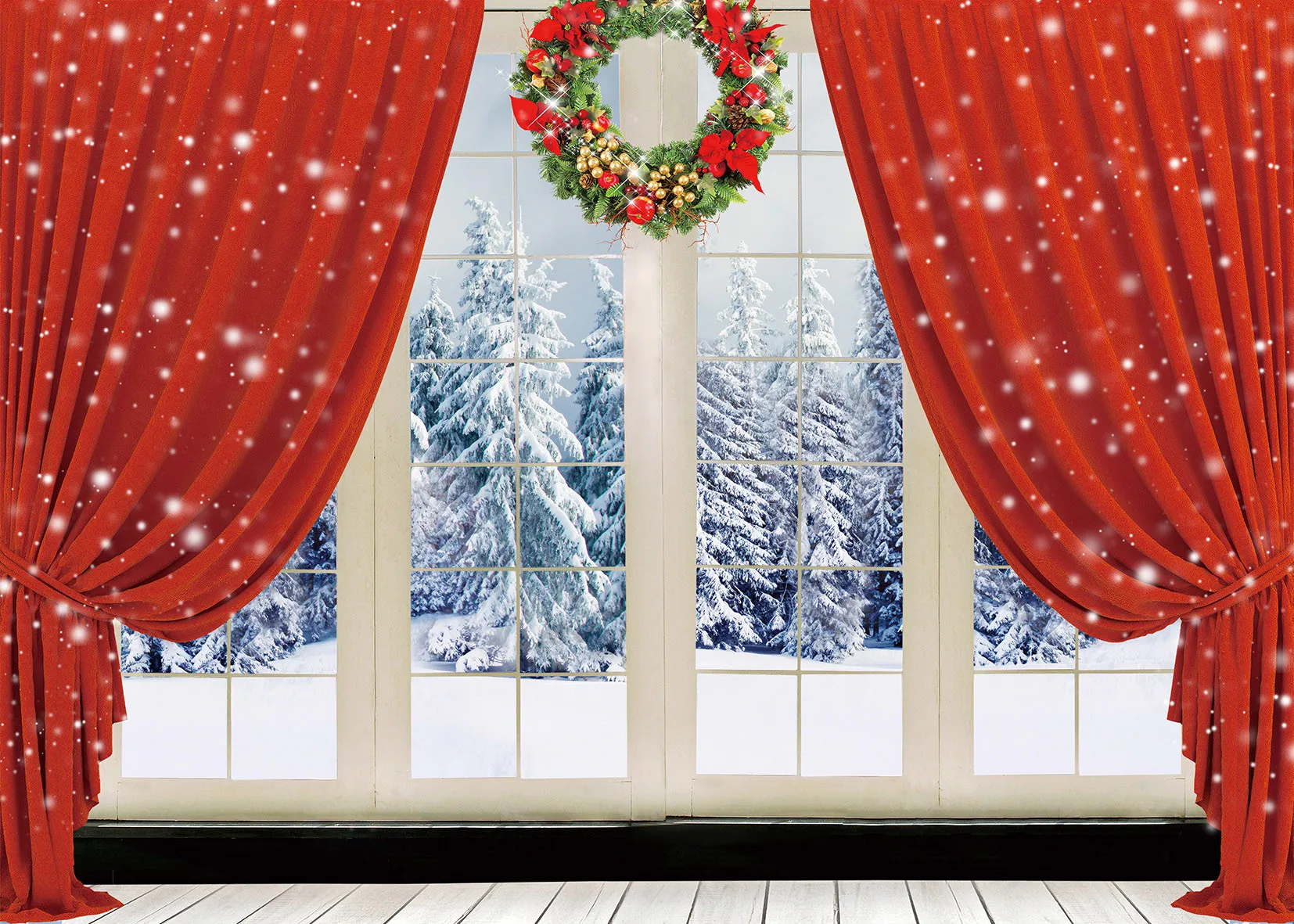 Рождественский венок красные шторы французский окно Зимний Лес Снег сцена
