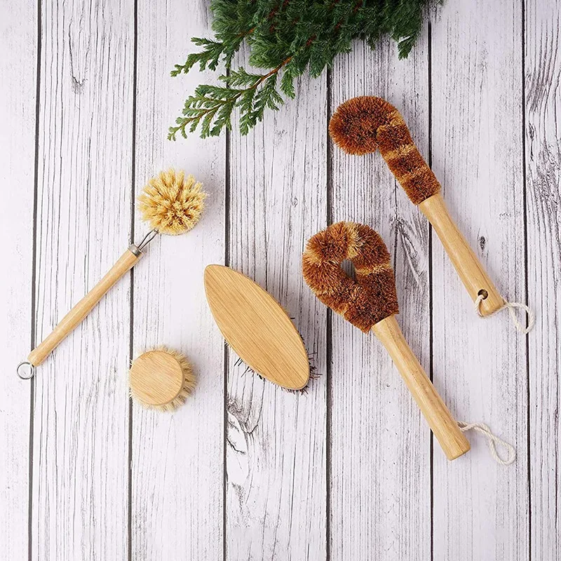 

5-Piece Plant-Type Kitchen Brush Biodegradable Natural Fiber Bottle Brush Pot Brush for Vegetable