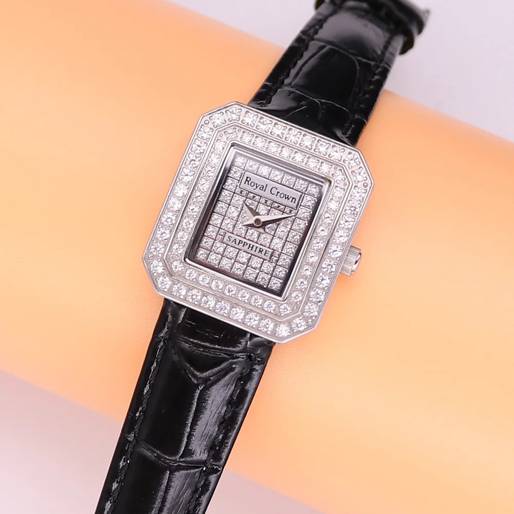 

Royal Crown Small Sapphire Women's Watch Full Crystal Japan Movt Hours Fine Fashion Real Leather Luxury Girl's Birthday Gift Box