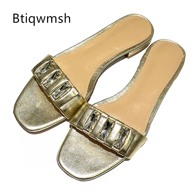 

2021 Newest Gold Rhinestone Slippers Women Open Toe Diamond Silver Soft Real Leather Flat Shoes Woman Sexy Sandals