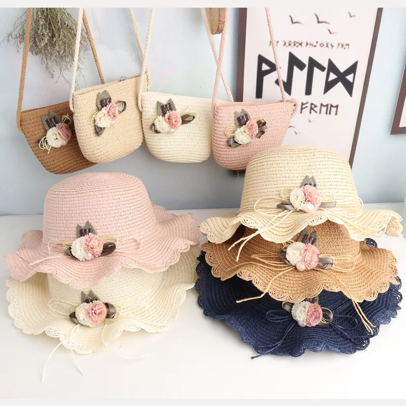

2021 Summer Girl Breathable Straw Hat +Handbag Sets Child Baby Sun Hat Panama Cap Gorros Kids Sweet Flowers Sunscreen Beach Hat
