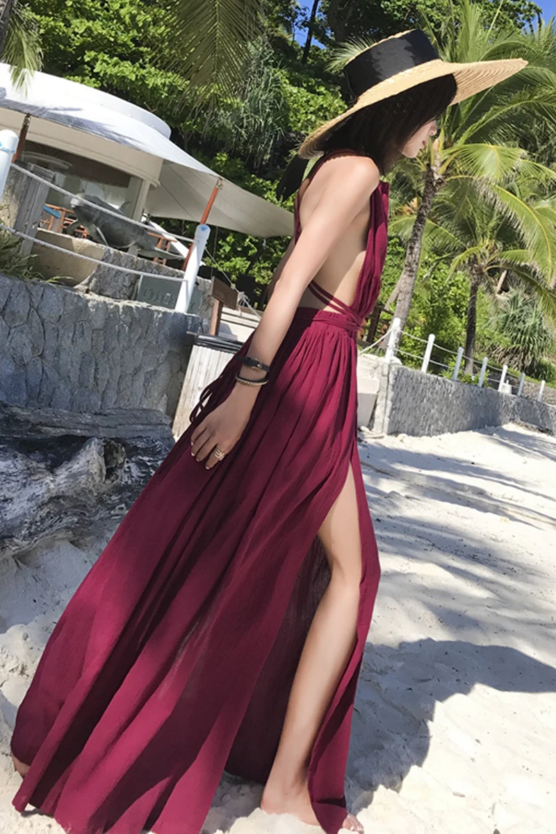 

Travel photo clothes vacation long skirt split deep V backless sexy beach travel beach skirt female summer