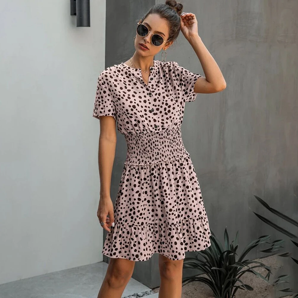 

Summer Polka Dot Dress Casual Ruffle Short Sleeve Women Mini Dresses Buttons Waisted Green Chiffon Dress Woman Party Dresses