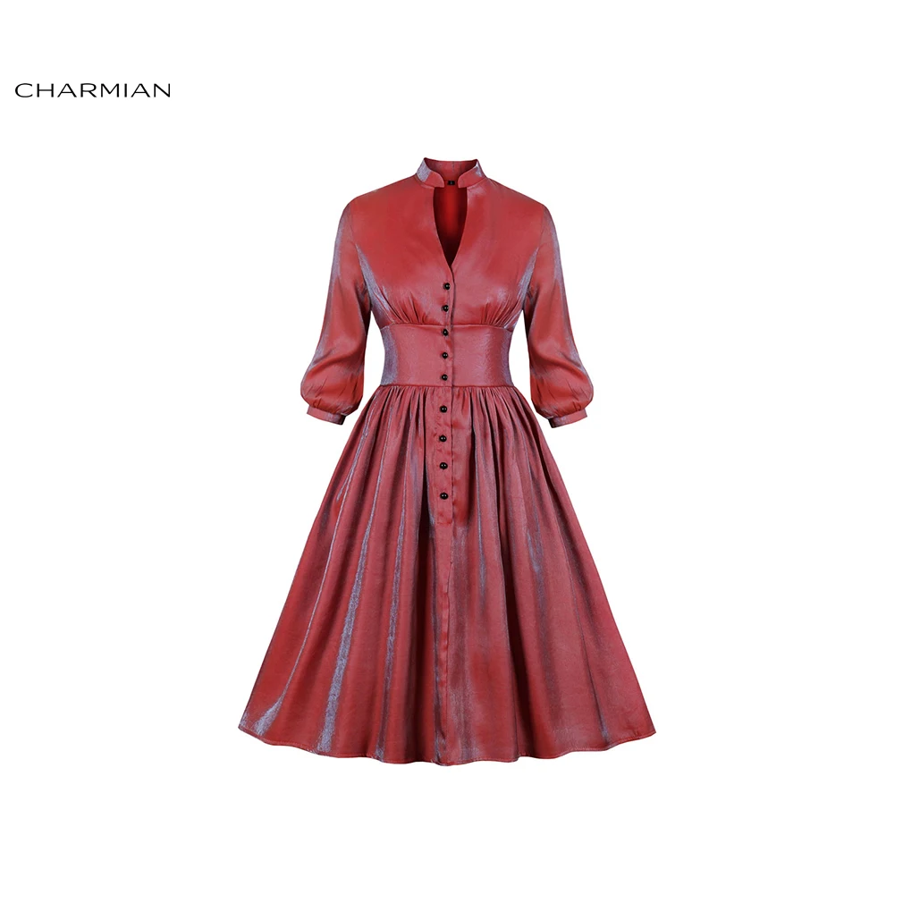 Charmian Женские винтажные градиентные вечерние платья миди с высокой горловиной и