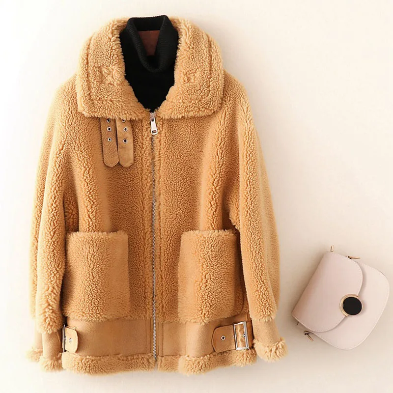 

women Thick warm coat winter 2021 new brand real sheep wool coats high quality jacket turn-down collar solid clothing plus size