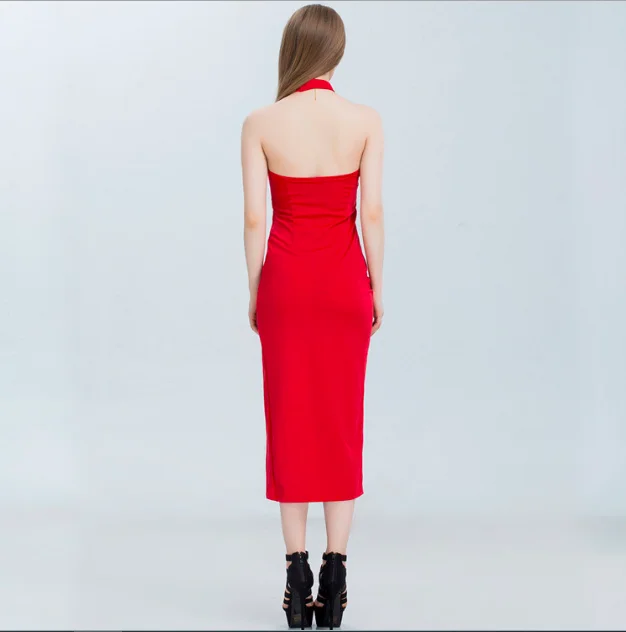 

2021 spring and summer women's gorgeous temperament sexy deep European and American neck halter slit dress sleeveless dress bag