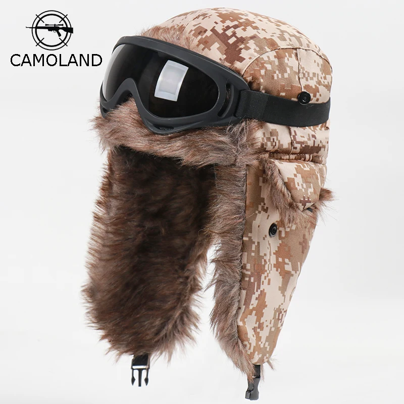 

CAMOLAND Winter Bomber Earflap Hats For Women Russian Ushanka Cap With Goggles Male Camouflage Thermal Berber Fleece Snow Caps