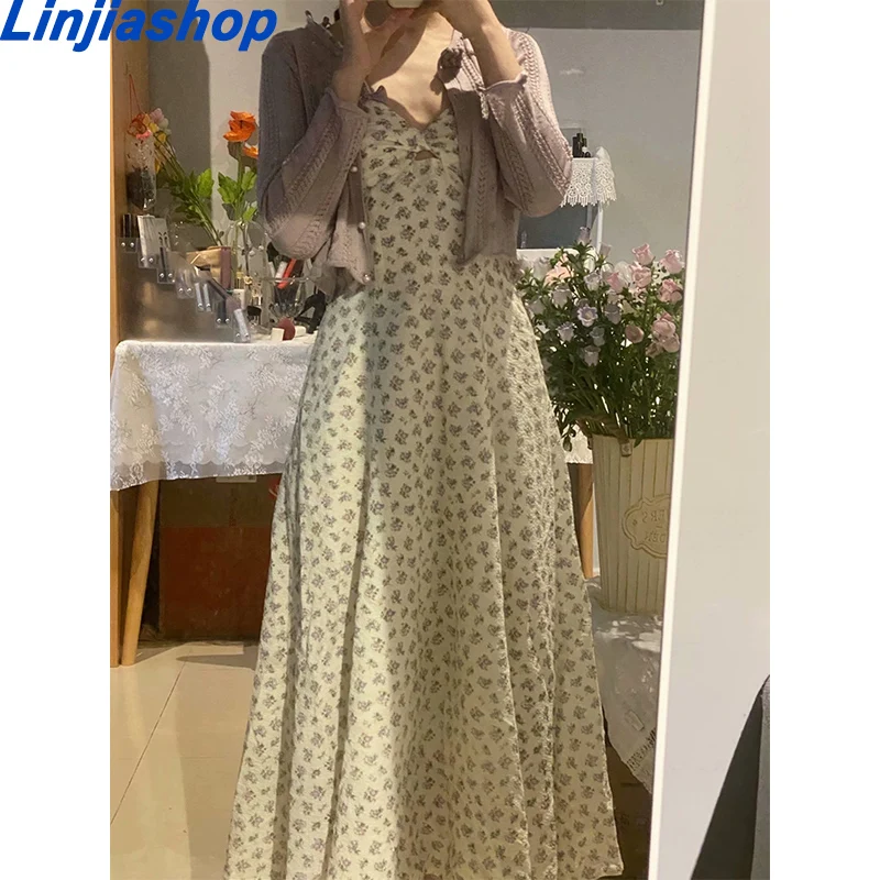 

Summer Women Vintage Chiffon Sweet Flower Print Slim Dress Girl Cute V Neck Casual Lace Stitching Sling Midi Dress