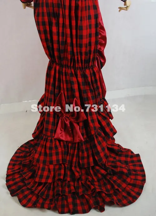Изготовленный на заказ изящные в красную клетку одежда с длинным рукавом 1870/90s
